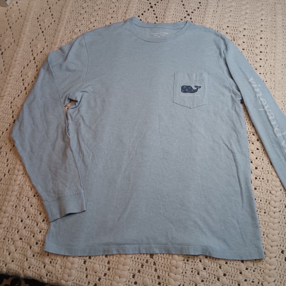 Vineyard Vines Men M Snowflake Whale Pocket Blue Logo Backhit Spellout Long Sl - Picture 6 of 10